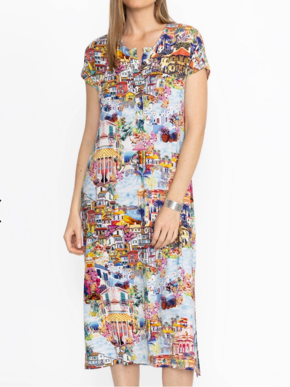 Johnny Was "Janie Favorite" Henley dress w/ "Mediterranean" cityscape  Size XL
